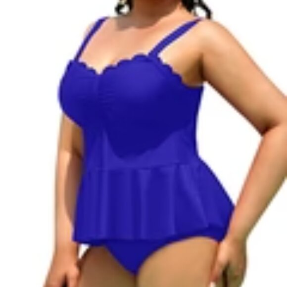 YONIQUE ROYAL BLUE PEPLUM HEM SCALLOPED EDGE CUT-OUT TANKINI TOP SIZE 20W NWT - Picture 2 of 8